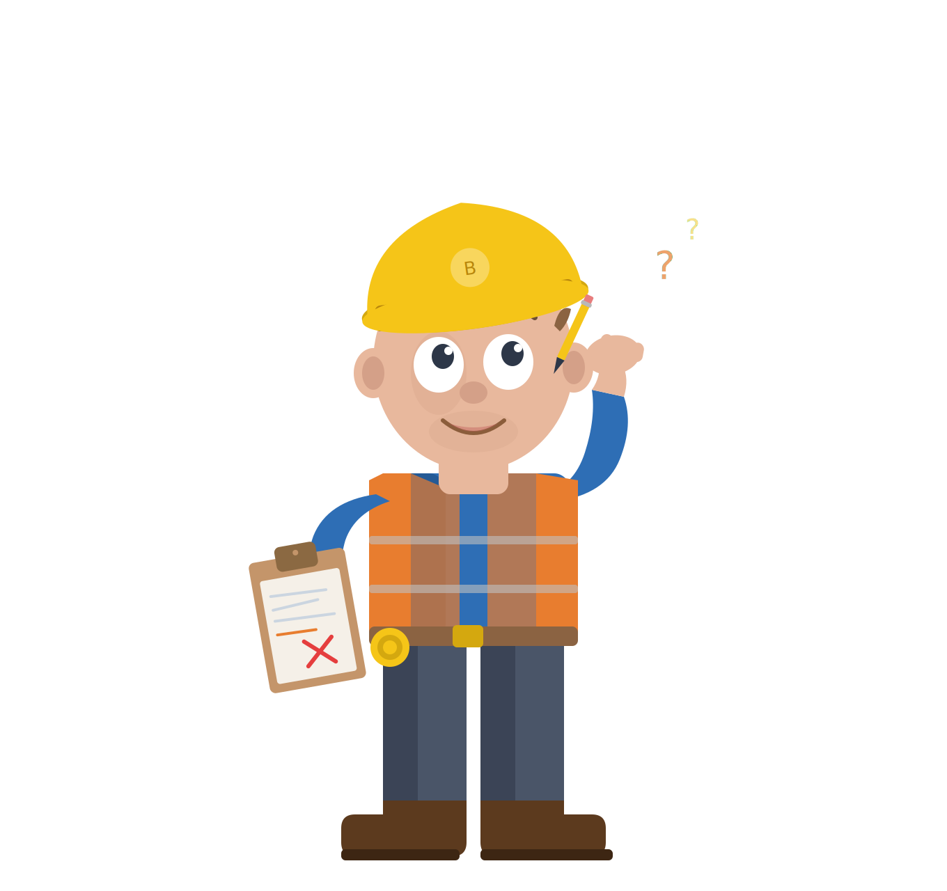 Bud, a fictional construction worker holding a clipboard with a red X and scratching his head