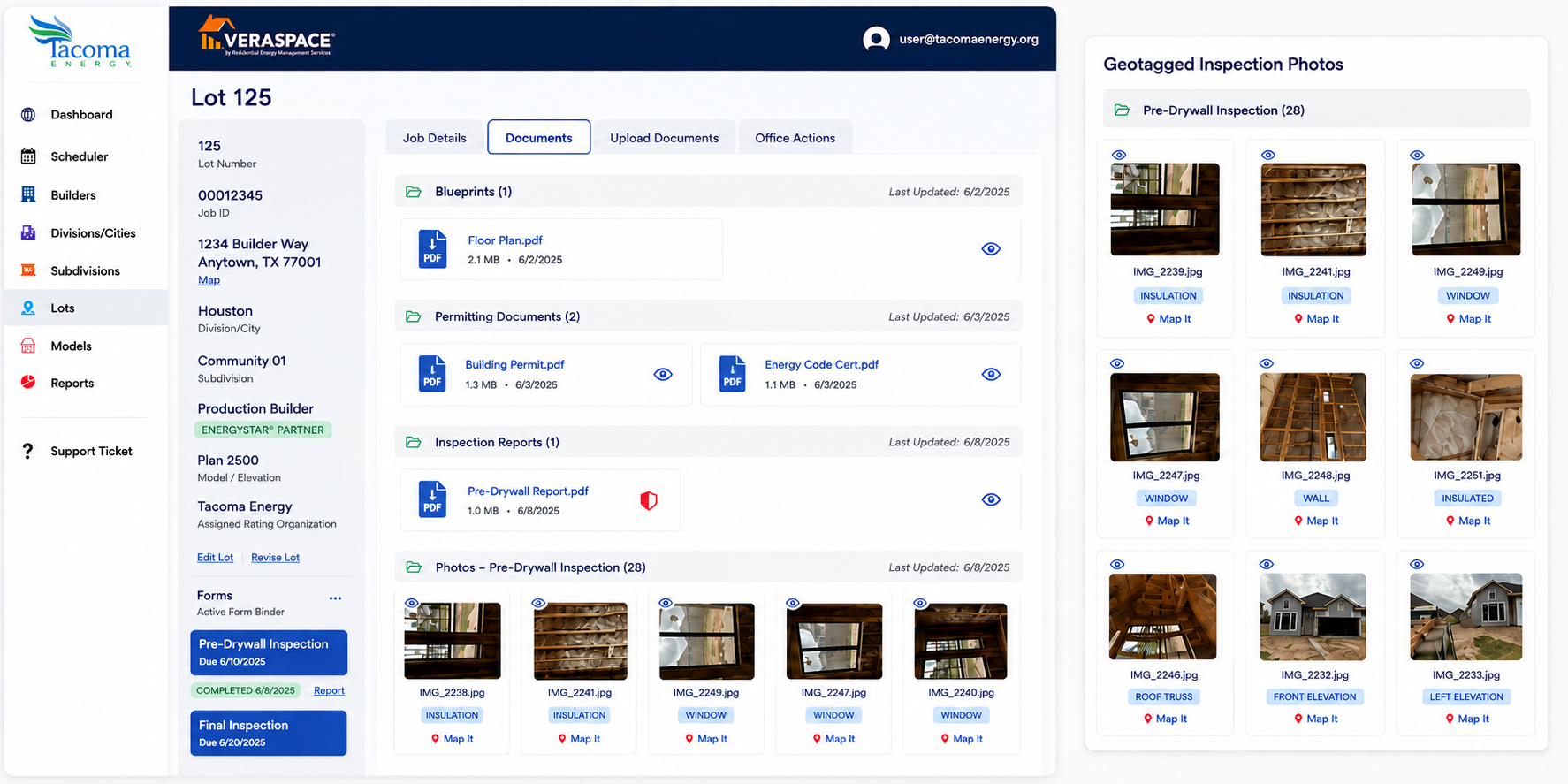 VeraSpace project record showing organized documents and geotagged inspection photos